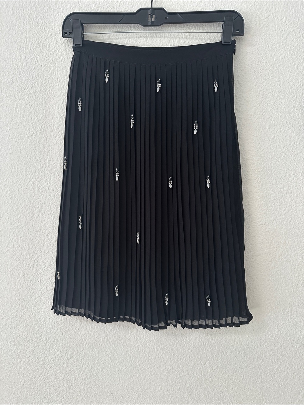 Carmen Marc Valvo Black Pleated Midi Skirt with Crystal Embellishments